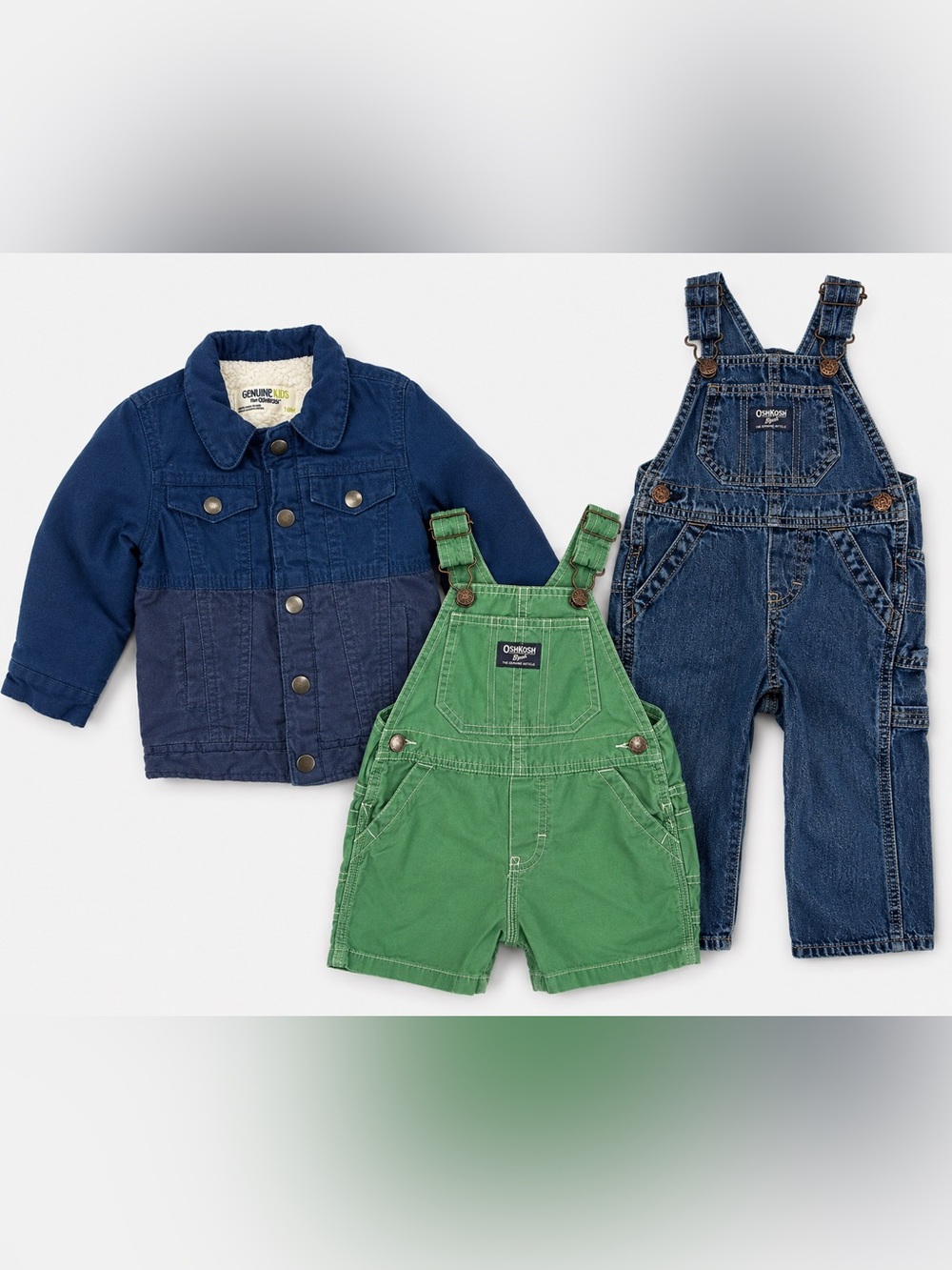 OshKosh B'gosh 12M-18M Bundle Denim Overalls Shortalls Sherpa Jacket Lot of 3